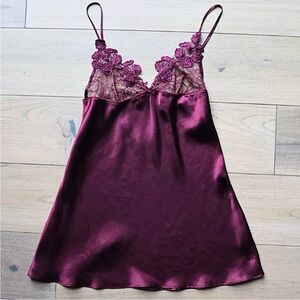 In Bloom Purple Satin Short Chemise Small Floral Lace Trim, Sleep Lingerie Dress
